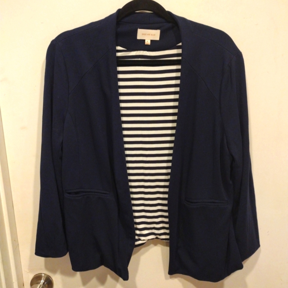 Skies Are Blue Navy Blazer with Black and White Striped Lining